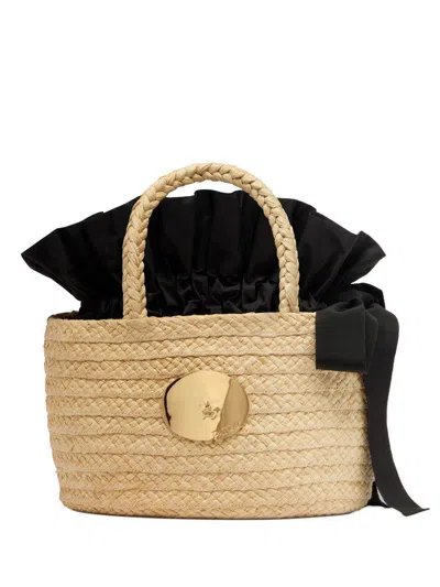 Patou Elegant Raffia Handbag With Gold Plaque In Beige
