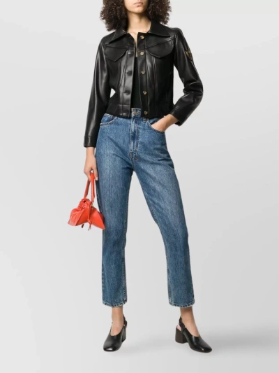 Patou Embroidered Cropped Leather-look Jacket In Blue
