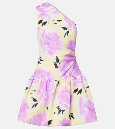 Patou Floral Gathered One-shoulder Faille Minidress In Yellow