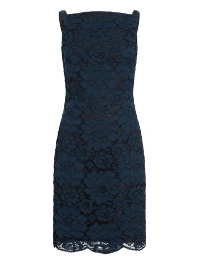 Patou Lace Dress Square Neckline Sleeveless Knee Length In Blue