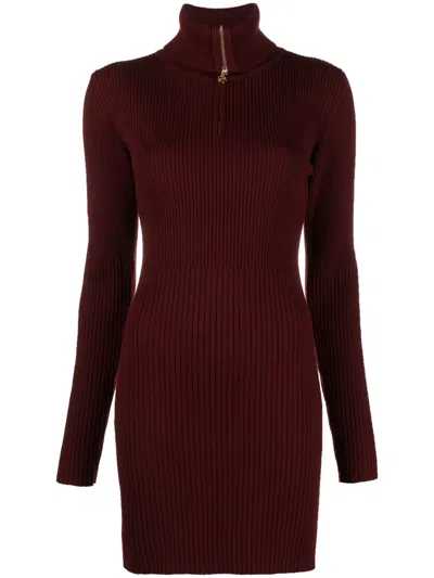 Patou Half-zip Ribbed-knit Minidress In Burgundy