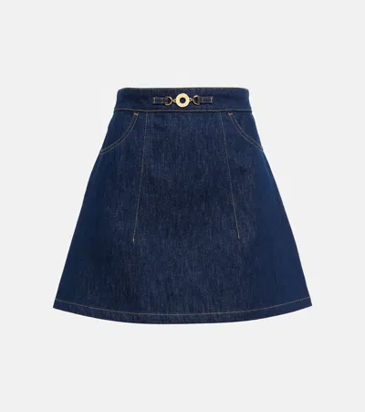 Patou Embellished Topstitched Denim Mini Skirt In Blue