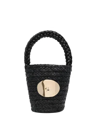 Patou Plaque-detail Raffia Bucket Bag In Black