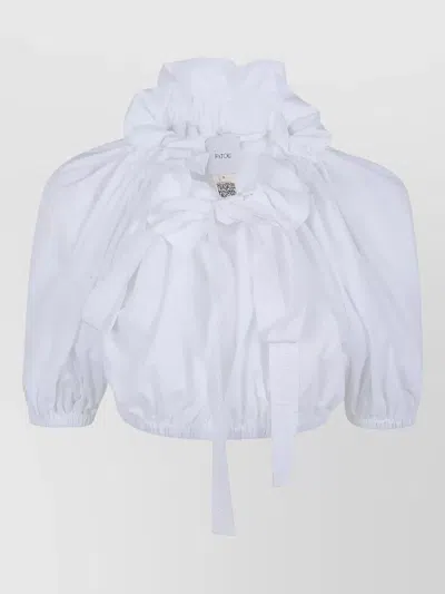 Patou Jersey Top Bow Ruffled Collar Hem In White