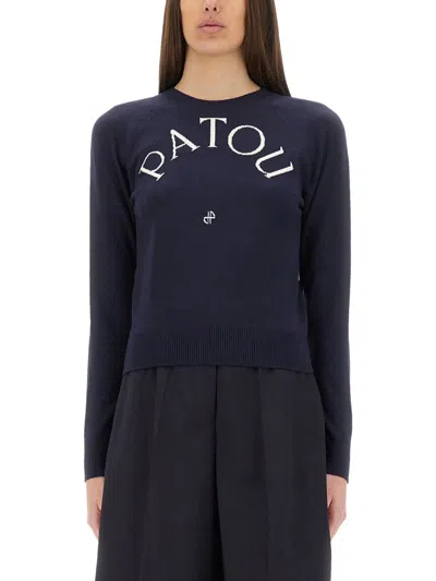 Patou Black Merino Wool Blend Jumper With Jacquard Logo