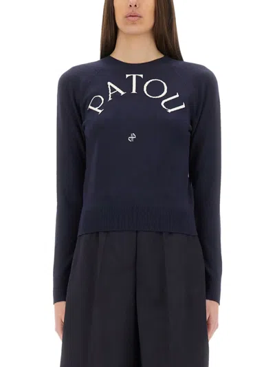 Patou Black Merino Wool Blend Jumper With Jacquard Logo