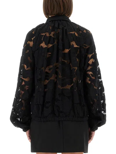 Patou Sheer Lace Long Sleeve Collared Top In Black
