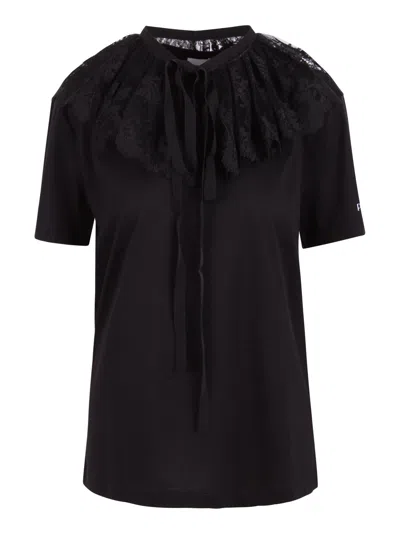 Patou Lace Details Crewneck Cotton Top In Black