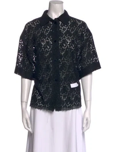 Pre-owned Patou Lace Pattern Three-quarter Sleeve Button-up Top In Black