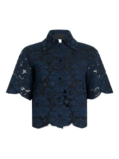 Patou Short Sleeve Lace Floral Silk Nylon Top In Blue