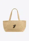 Patou Structured Raffia Tote Bag With Intricate Detailing In Neutral