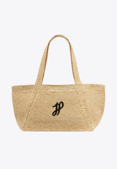 PATOU LARGE JP MONOGRAM TRAPEZE RAFFIA TOTE BAG
