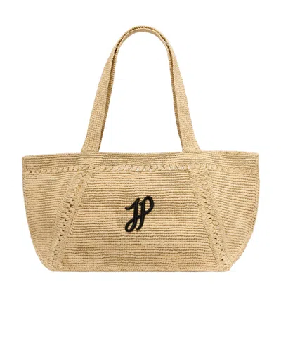 Patou Large Jp Monogram Trapeze Tote In Raffia In Vanilla