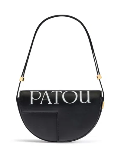Patou Logo Print Fold-over Top Shoulder Bag In Black