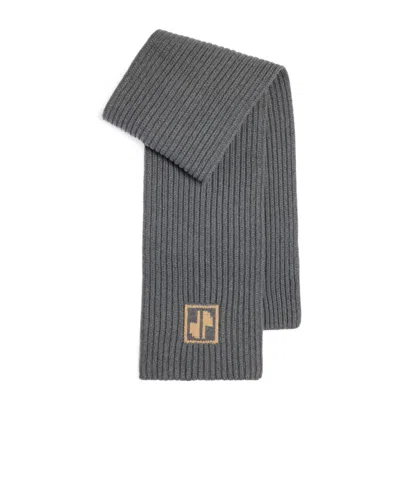 Patou Logo-intarsia Wool Ribbed Scarf In Gray