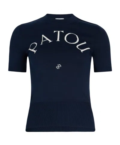 Patou Logo Jacquard Knit Top In Cotton Blend In Blue