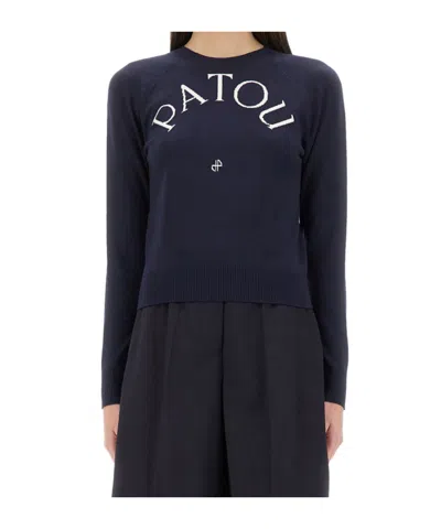 Patou Black Merino Wool Blend Jumper With Jacquard Logo