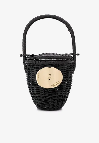 Patou Logo Plaque Wicker Bucket Bag In Black