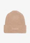 Patou Black Virgin Wool Knitted Ribbed Beanie Hat In Beige
