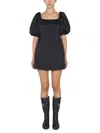 Patou Short Dress With Puff Sleeves And Boat Neckline In Black