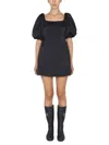 Patou Short Dress With Puff Sleeves And Boat Neckline In Black