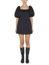Patou Short Dress With Puff Sleeves And Boat Neckline In Black