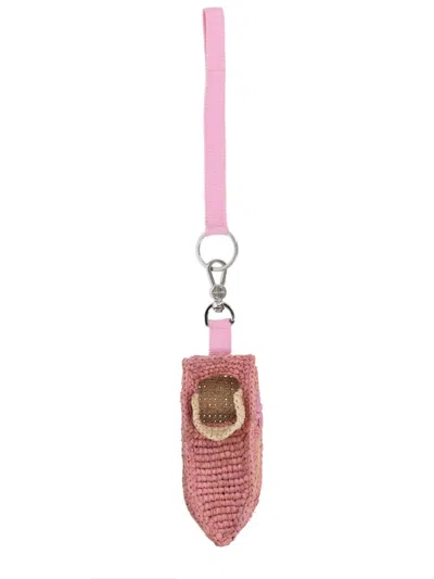 Patou Mini Woven Raffia Bag Charm In Pink