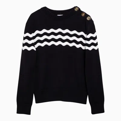 PATOU PATOU NAVY BLUE COTTON AND WOOL JUMPER WITH WHITE DETAILING