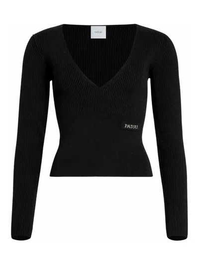 Patou Women's V-neck Knit Patch Logo In Black