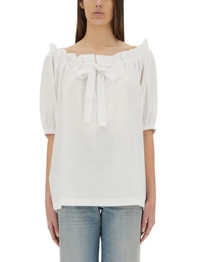 Patou Off-the-shoulder Drawstring Top With Ruffled Edges In White