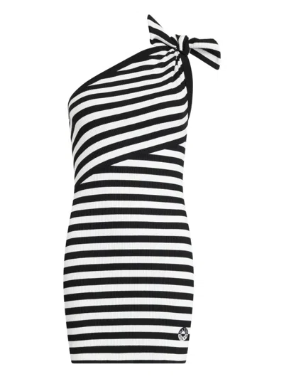 Patou Black And White Striped One-shoulder Mini Dress In Animal Print