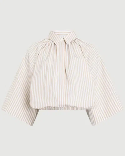 Patou Organic Cotton Voluminous Short-sleeved Striped Blouse In Sand