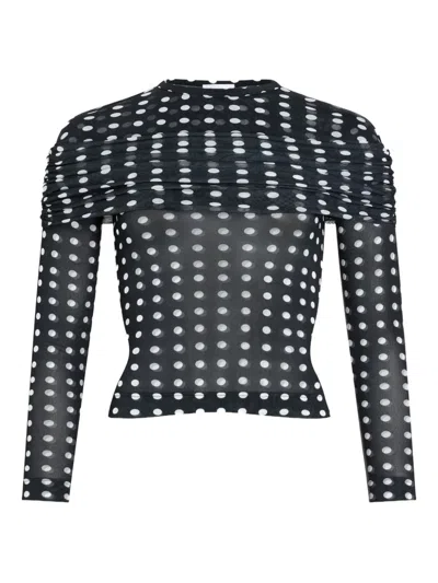 Patou Ruched Polka-dot Chiffon Top In Black