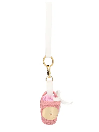 Patou Raffia Bag Charm With Strap In Pink