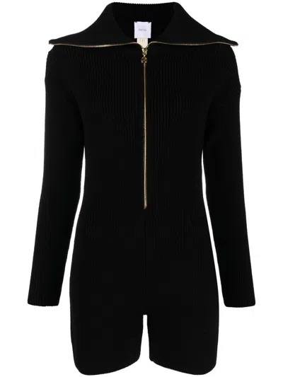 Patou Ribbed-knit Long-sleeved Playsuit In Schwarz