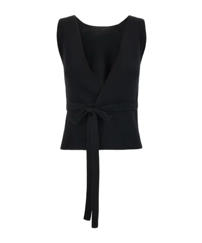 Patou Ribbed-knit V-neck Wrap Top In Black