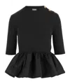 Patou Ribbed Sweater With Ruffled Hem In Wool And Faille In Black