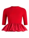 Patou Ruffle Hem Ribbed Jumper In Wool And Faille Clothing In Red