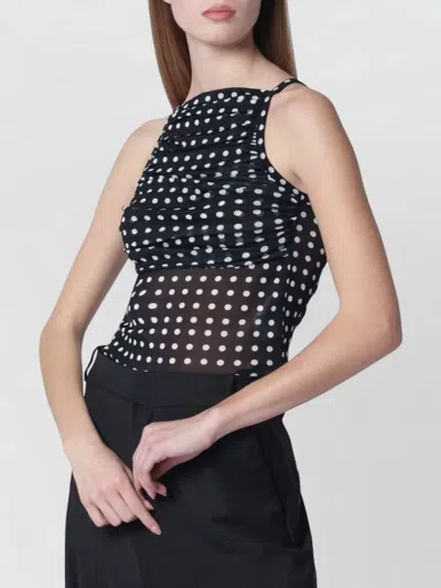 Patou Ruched Polka Dot Sheer Scoop Neck Top In Black