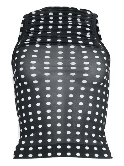 Patou Ruched Polka Dot Sheer Scoop Neck Top In Black