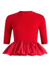 Patou Ruffle Hem Ribbed Jumper In Wool And Faille Clothing In Red
