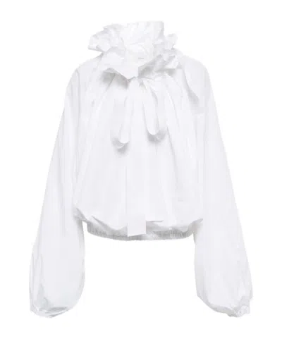 Patou Ruffle Neckline Tie Blouse In White