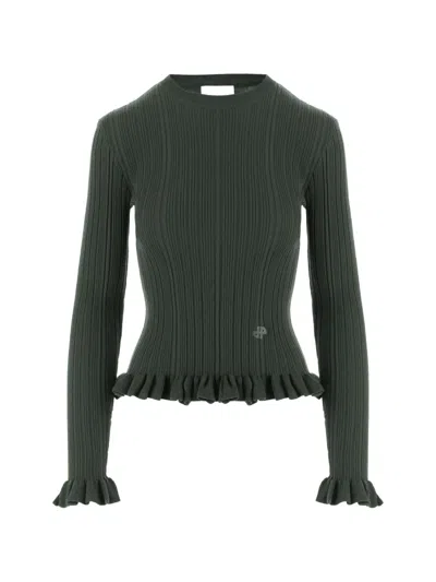 Patou Ruffled Ribbed Sweater In Green