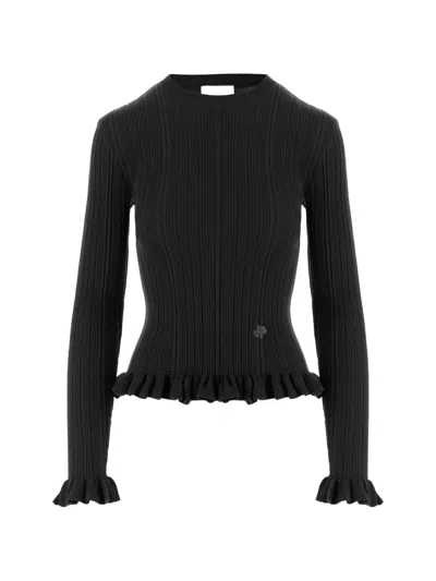 Patou Ruffled Ribbed-knit Sweater In Black