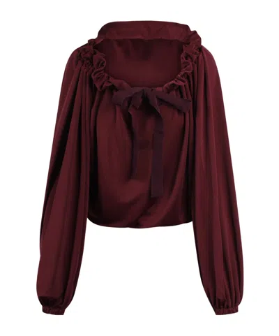 Patou Ruffled Satin Blouse In Burgundy