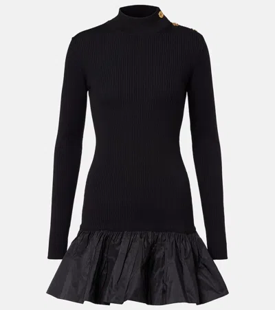 Patou Ruffle Hem Ribbed Mini Dress In Wool And Faille Clothing In Black