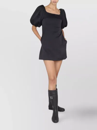 Patou Short Dress With Puff Sleeves And Boat Neckline In Black