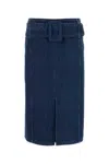 Patou Waist Belt Slit Front Denim Skirt In Blue