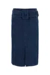 Patou Waist Belt Slit Front Denim Skirt In Blue
