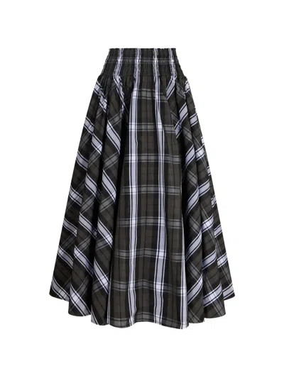 Patou Smocked Check Midi Skirt In Black